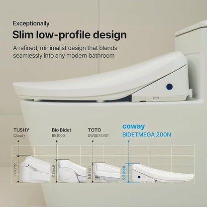 COWAY Bidetmega 200N *Elongated* Electronic Bidet Toilet Seat with Instantaneous Water Heating, Heated Seat and Dryer, Soft Close Lid, Stainless Nozzle, Night Light, Self Cleaning, Remote Control