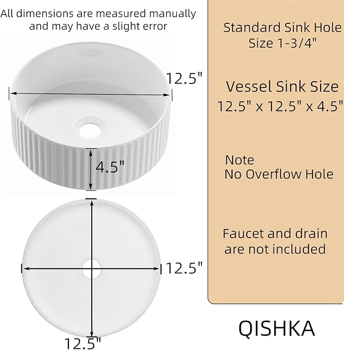 Round Vessel Sink 12 Inch Above Counter - White Ceramic Countertop Bathroom Sink, 12" x 12" Modern Vanity Art Basin Porcelain Hand Wash Basin