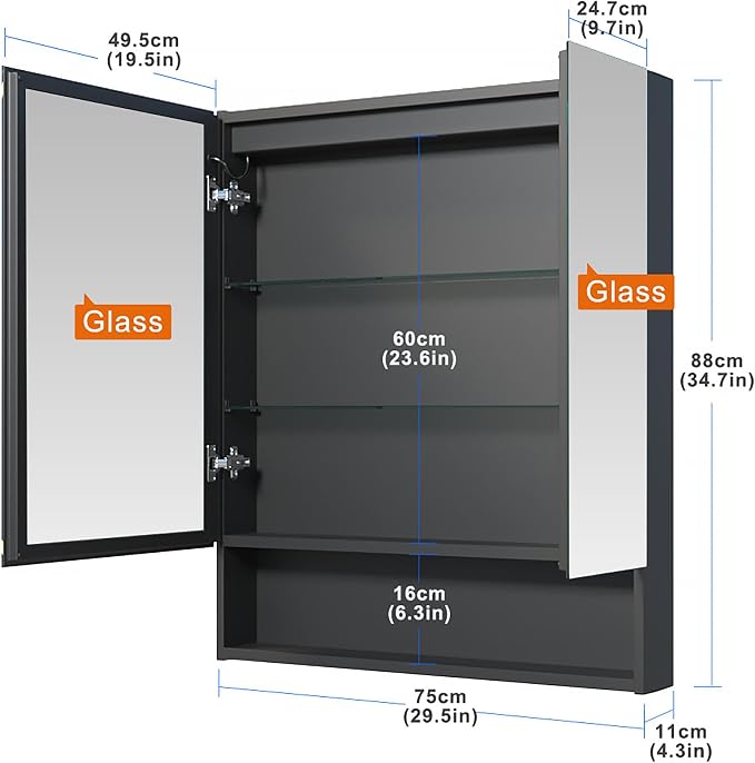 30x34 Inch Two Doors Aluminum LED Bathroom Medicine Cabinet with Mirror | Light Adjustment, Anti-Fog, Sockets&USBs, High Capacity, Easy to Install