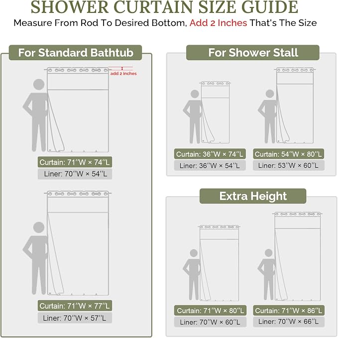 RiverDream Farmhouse No Hooks Shower Curtain with Snap-in Liner,Green,71x86 | Snap on Fabric Liner,Heavy Duty,Quick Dry,Mesh Top Window,With Bottom Magnets,Washable,with Tassels,Extra Long Size