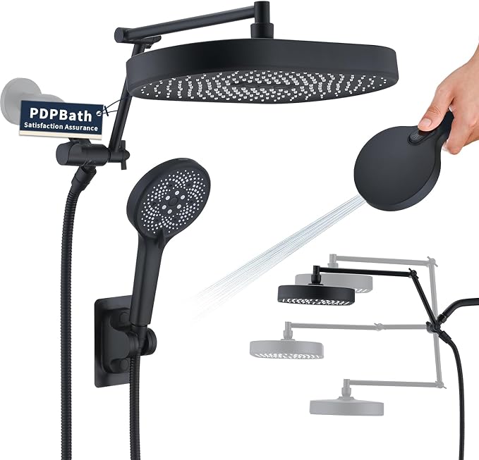 PDPBath 14 Inch Rain Shower Head with 5+1 Settings Handheld Spray Combo, High Pressure Rainfall Shower Head with 16'' Upgrade Adjustable Extension Arm, 79" Extra Long Hose, 3-Way Diverter, Matte Black