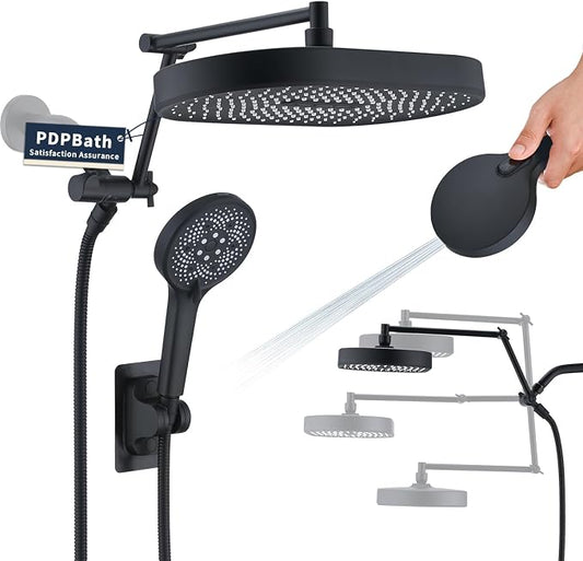 PDPBath 14 Inch Rain Shower Head with 5+1 Settings Handheld Spray Combo, High Pressure Rainfall Shower Head with 16'' Upgrade Adjustable Extension Arm, 79" Extra Long Hose, 3-Way Diverter, Matte Black