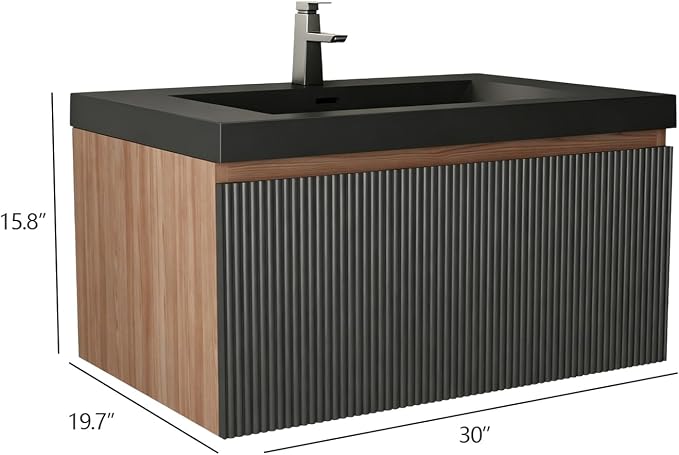 30 Inch Floating Bathroom Vanity with Sink, Wall Mounted Striped Storage Cabinet, Soft Close Drawer, Black Quartz Sand Basin, Fully Assembled, Smoked Walnut Finish