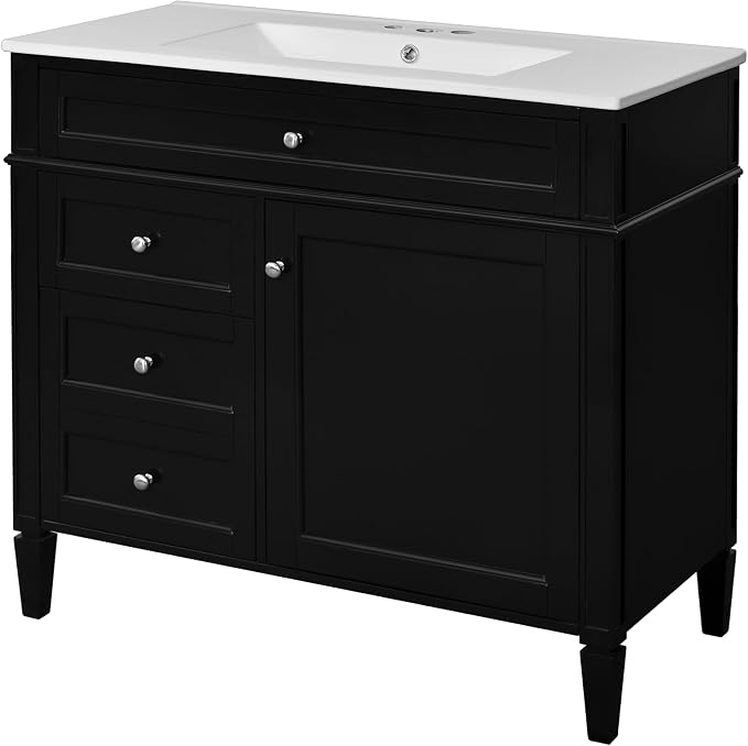 Merax 36 Inch Bathroom Vanity with Top Sink, Modern Bathroom Storage Cabinet with 2 Drawers and a Tip-Out Drawer, Solid Wood Frame Single Sink Bath Vanities, Black