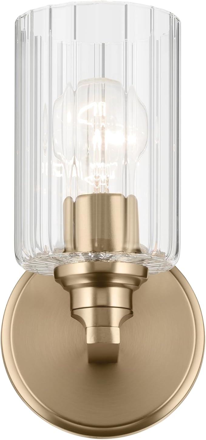 Kichler Gioe 5" 1-Light Wall Sconce with Clear Fluted Glass in Champagne Bronze, Damp Rated, for Powder Room, Kitchen, Hallway, Bedroom, Fireplace, (5" W x 9.5" H), 55224CPZFLU