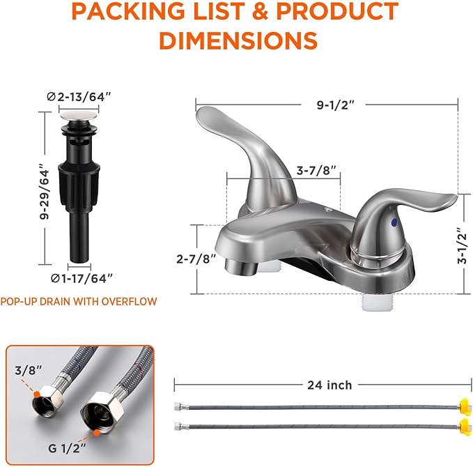 2 Pack Bathroom Sink Faucets 2/3 Hole,Brushed Nickel Dual Handles 4 inch Plastic Plating Over Bathroom Faucet with Pop-up Drain and 2 Supply Hoses for Apartment Rvs Sink Vanity