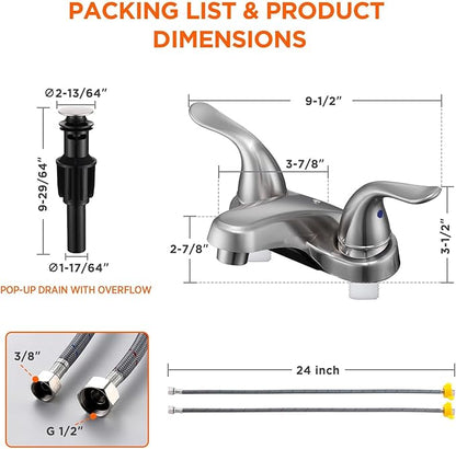 2 Pack Bathroom Sink Faucets 2/3 Hole,Brushed Nickel Dual Handles 4 inch Plastic Plating Over Bathroom Faucet with Pop-up Drain and 2 Supply Hoses for Apartment Rvs Sink Vanity