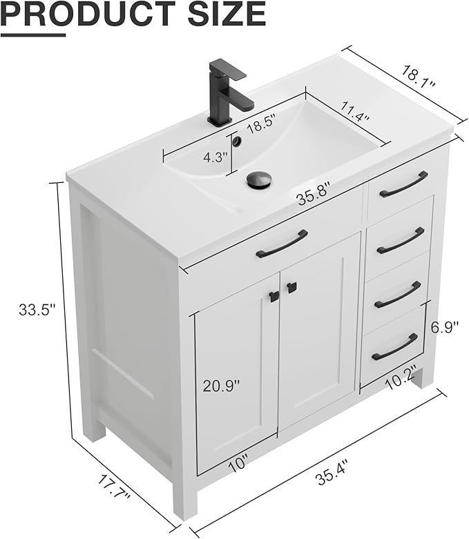 LUCKWIND 36" Bathroom Vanity with Sink Combo, Painted Modern Bathroom Storage Cabinet with Large Sink, Two Doors and Three Drawers, Include Faucet Without Mirror, White