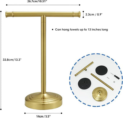 RUMOSE Brushed Gold Hand Towel Holder Stand Countertop Towel Rack | 13 Inch Bathroom Kitchen Vanity T-Shape Towel Stand Free Standing Stainless Steel Towel Bar Towel Ring