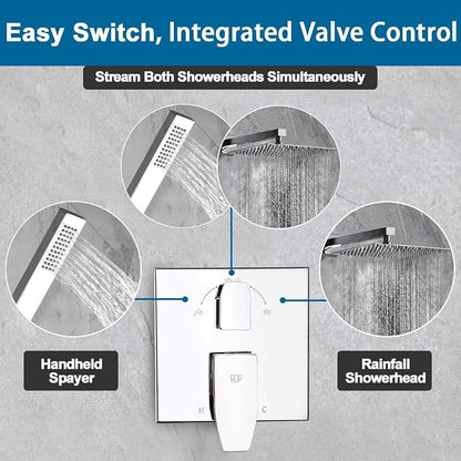 Shower Faucet Set Polished Chrome Rainfall 8 Inch Shower Head and Handle Set Bathroom Rain Shower System Wall Mounted Shower Fixture Include Shower Valve and Trim Kit