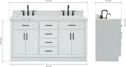 ARIEL Hepburn 60-inch Bathroom Vanity with Sink,Solid Wood, 1.5-inch Italian Carrara Marble Countertop, Double Rectangular Porcelain Sink, 4 Soft Closing Doors, 6 Dovetail Drawers, Grey