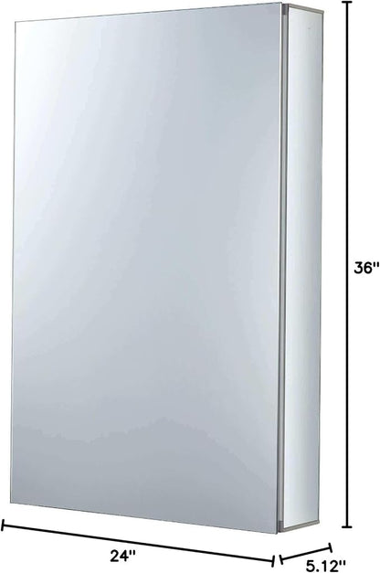 Bathroom Medicine Cabinet - Single Door, Aluminum, Recessed/Surface Mount, 24" x 36", Right/Left Hinged, Mirrored Interior