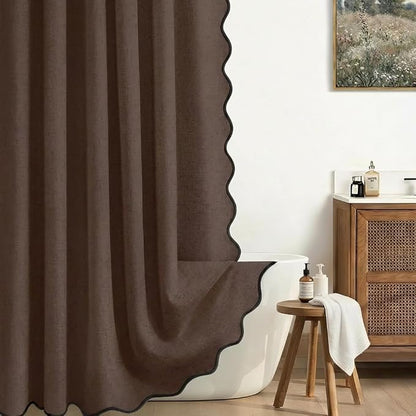 Scalloped Shower Curtain Linen Boho Flax Brown 72" W x 72" L | Linen Fabric, Black Border, Washable, Heavy Duty Cloth, Shower Curtain for Boho Farmhouse Bathroom Bathtub