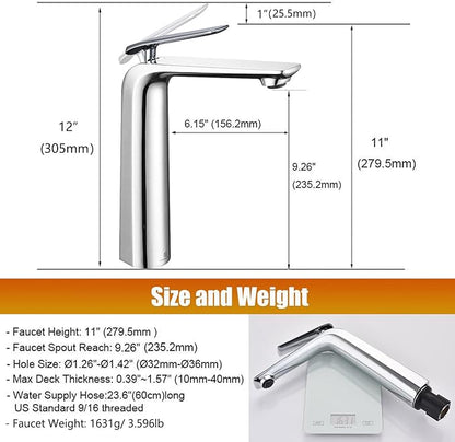 TOCALOCA Tall Vessel Bathroom Faucets Chrome Silver Basin Mixer Tap Single Handle1 Hole, Modern Vessel Sink Faucet Polished Chrome Basin Faucet Brass Single Lever Lavatory Faucet