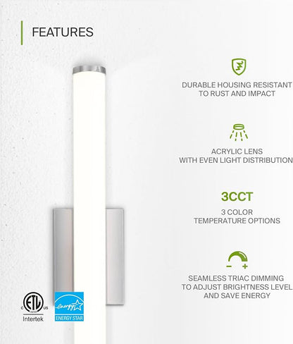 ASD 24" LED Linear Vanity Light Fixture, Modern Bathroom Sconce — 3 Color 3000K-5000K, Dimmable, 25W 1750LM, Energy Star & ETL Listed — Over Mirror Makeup Bar for Bedroom, Cabinets — Nickel, 4 Pack