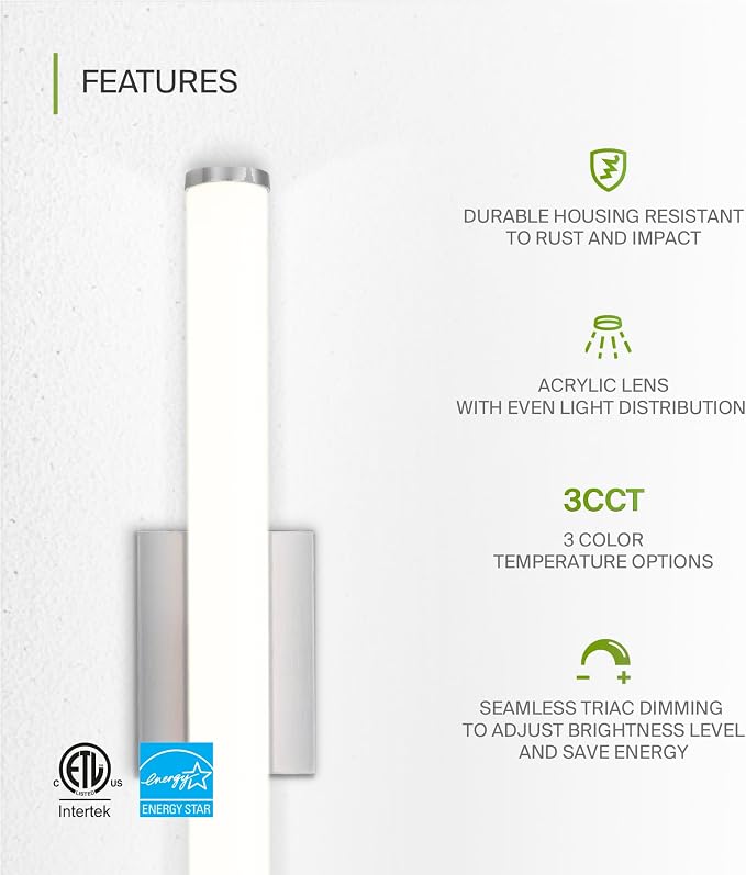 ASD 24" LED Linear Vanity Light Fixture, Modern Bathroom Sconce — 3 Color 3000K-5000K, Dimmable, 25W 1750LM, Energy Star & ETL Listed — Over Mirror Makeup Slim Bar for Bedroom, Cabinets — Nickel