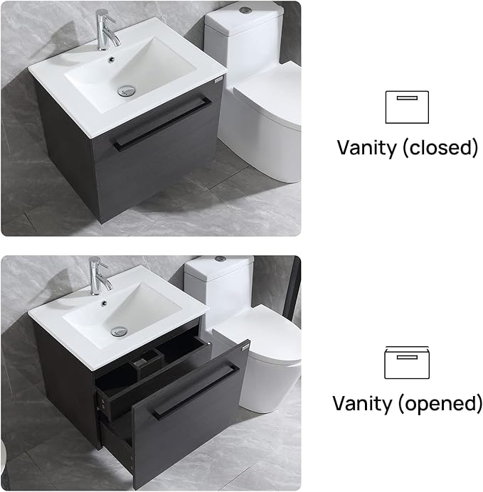 walsport Floating Bathroom Vanity with Sink & Mirror & Faucet & Countertop Set Small Wall Mounted Bathroom Single Sink Cabinet with Double Storage Drawers Modern (Black)
