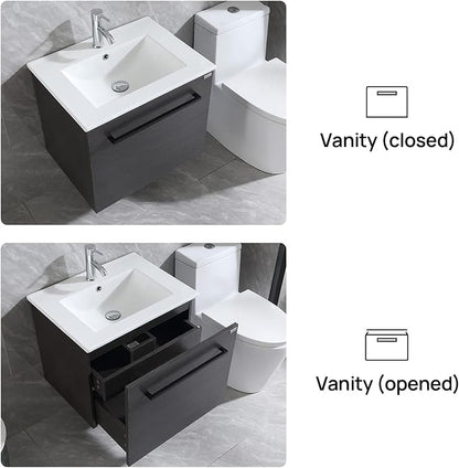 walsport Floating Bathroom Vanity with Sink & Mirror & Faucet & Countertop Set Small Wall Mounted Bathroom Single Sink Cabinet with Double Storage Drawers Modern (Black)
