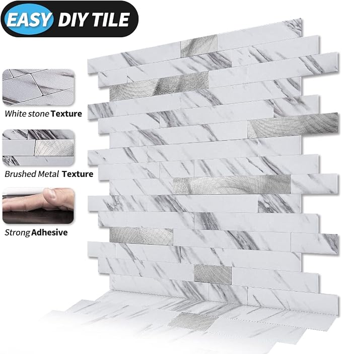 Art3d Faux Stone Peel & Stick Backsplash Tile, 10 pcs, Plain White Marble | PVC, Multi-Style Decor Sheets, Waterproof, Traceless Peel, No Wall Damage, Ideal for Kitchen