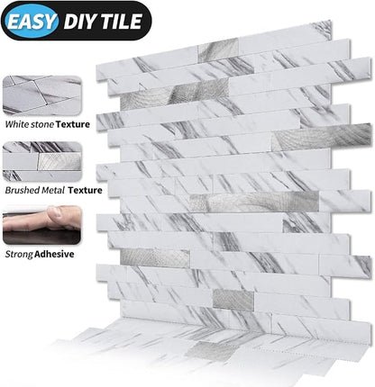 Art3d Faux Stone Peel & Stick Backsplash Tile, 10 pcs, Plain White Marble | PVC, Multi-Style Decor Sheets, Waterproof, Traceless Peel, No Wall Damage, Ideal for Kitchen