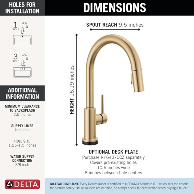 Delta Faucet Trinsic Touch Kitchen Faucet with Touchless Technology, Kitchen Faucet with Pull Down Sprayer, Gold Kitchen Sink Faucet, Touchless Kitchen Faucet, Champagne Bronze 9159TL-CZ-DST