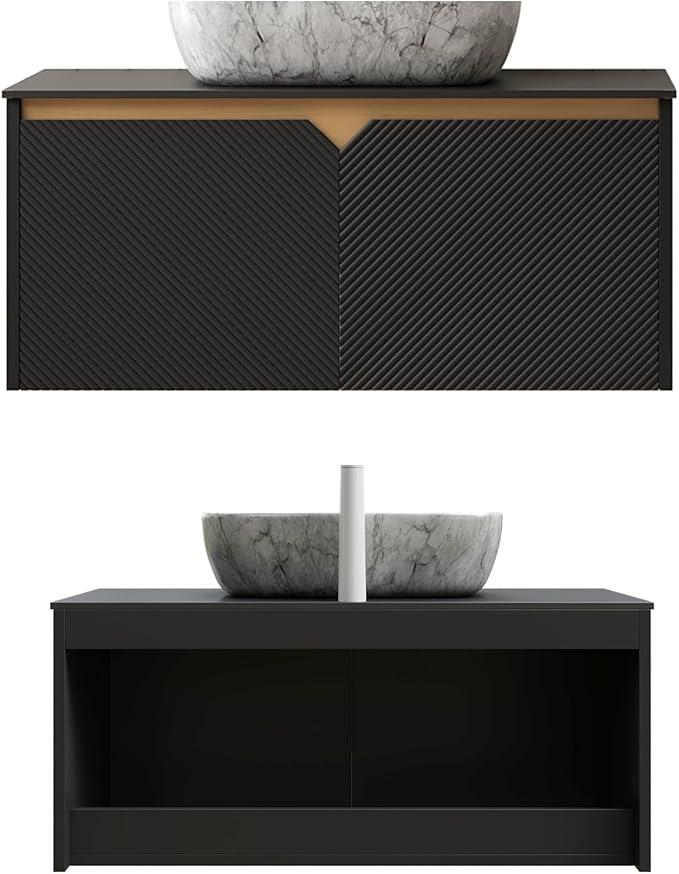 Floating Bathroom Vanity with Sink, 36" Bathroom Storage Cabinet with Sintered Stone Countertop & Marble-Pattern Ceramic Basin, Wall-Mounted Vanity with 2 Twill Pattern Doors, Black