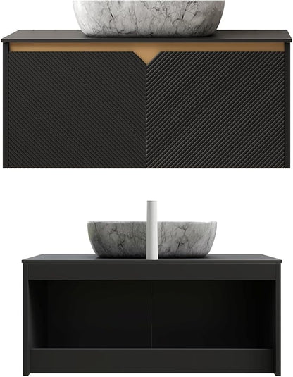 Floating Bathroom Vanity with Sink, 36" Bathroom Storage Cabinet with Sintered Stone Countertop & Marble-Pattern Ceramic Basin, Wall-Mounted Vanity with 2 Twill Pattern Doors, Black