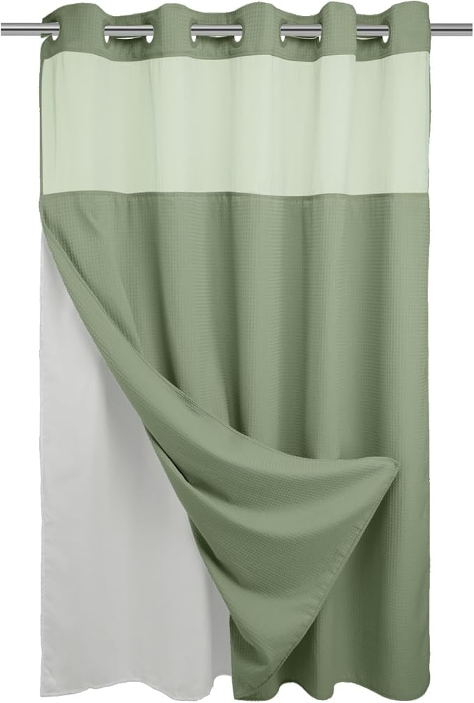 RiverDream Heavyweight Waffle No Hook Shower Curtain with Liner,Green,71x74 | Dotted Waffle,Snap-in Liner,Heavy Duty,Quick Dry,Mesh Top Window,With Bottom Magnets,Hotel-Grade,Washable,Standard Size