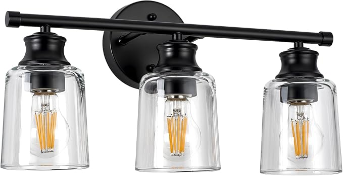 Bathroom Light Fixtures Over Mirror, 3 Lights Vanity Lights with Clear Glass Shade, 18.1" Matte Black Farmhouse Bathroom Wall Light Fixtures for Bedroom, Porch, Hotel, Mirror Cabinet