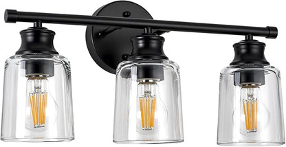 Bathroom Light Fixtures Over Mirror, 3 Lights Vanity Lights with Clear Glass Shade, 18.1" Matte Black Farmhouse Bathroom Wall Light Fixtures for Bedroom, Porch, Hotel, Mirror Cabinet