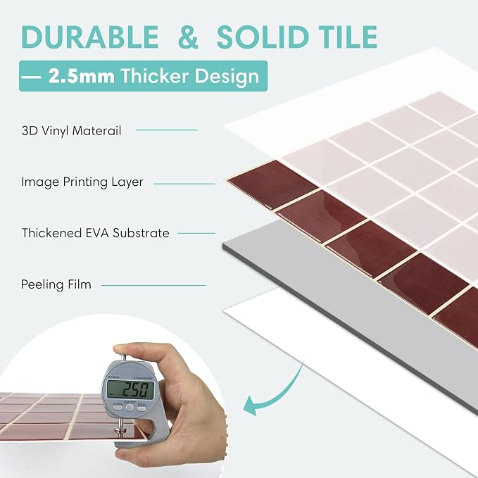 Commomy Thicker Red Peel and Stick Tiles - 10 pcs of 12" x 12" | 3D Adhesive Square Peel and Stick Tiles Backsplash for Kitchen, Bathroom, Removable, Waterproof, Vinyl Wall Tile