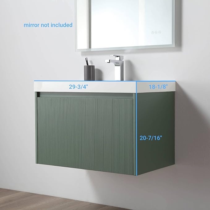 Blossom 30 Inch Bathroom Vanity with Sink, All Wood Wall Mounted Floating Bathroom Vanity Cabinet with Acrylic Sink, Bathroom Sink Cabinet w/Soft-Close Drawer, Modern Style Vanities, Aventurine Green