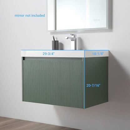 Blossom 30 Inch Bathroom Vanity with Sink, All Wood Wall Mounted Floating Bathroom Vanity Cabinet with Acrylic Sink, Bathroom Sink Cabinet w/Soft-Close Drawer, Modern Style Vanities, Aventurine Green