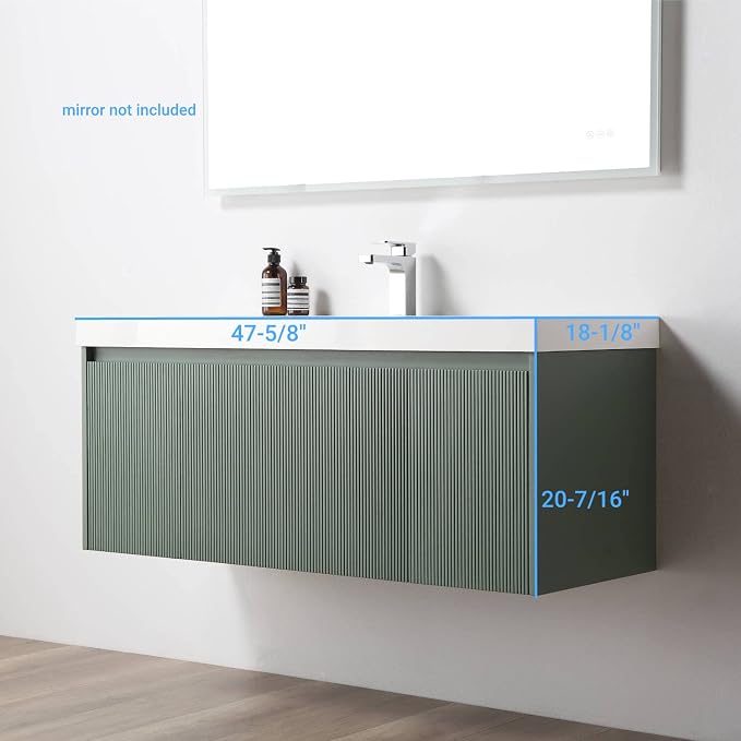 Blossom 48 Inch Bathroom Vanity with Sink and 2 Side Cabinets, All Wood Wall Mounted Floating Bathroom Vanity Cabinet with Acrylic Sink, Soft-Close Drawers, Bathroom Vanities, Aventurine Green