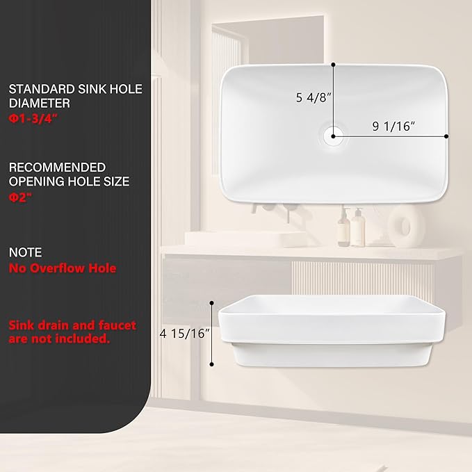 DeerValley 19" x 12" Semi-Recessed Ceramic Vessel Sink for Bathroom Vanity, Rectangular White Countertop Above Counter Basin with No Overflow Hole, Modern Bathroom Sink Bowl