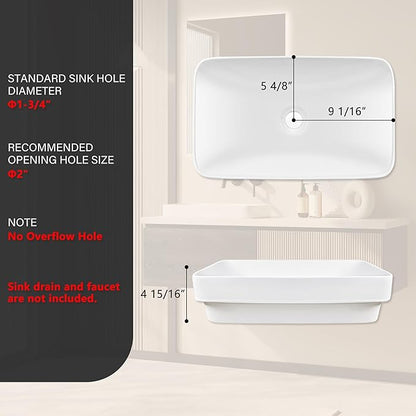DeerValley 19" x 12" Semi-Recessed Ceramic Vessel Sink for Bathroom Vanity, Rectangular White Countertop Above Counter Basin with No Overflow Hole, Modern Bathroom Sink Bowl