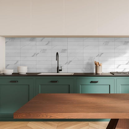 80-Piece Marble White Thick PVC Peel and Stick Backsplash, 2" x 8" Waterproof Subway Tile Peel and Stick Wall Tiles for Kitchen and Bathroom