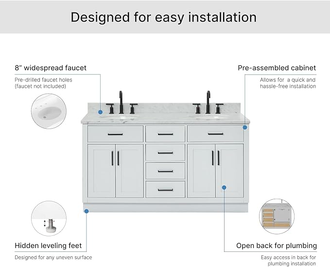 ARIEL Hepburn 60-inch Bathroom Vanity with Sink,Solid Wood, 0.75-inch Italian Carrara Marble Countertop & Backsplash, Double Oval Porcelain Sink, 4 Soft Closing Doors, 6 Dovetail Drawers, Grey