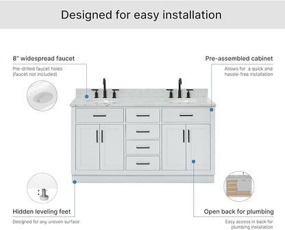 ARIEL Hepburn 60-inch Bathroom Vanity with Sink,Solid Wood, 0.75-inch Italian Carrara Marble Countertop & Backsplash, Double Oval Porcelain Sink, 4 Soft Closing Doors, 6 Dovetail Drawers, Grey