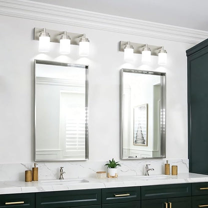 Bathroom Light Fixtures, Brushed Nickel Bathroom Lighting Fixtures Over Mirror, Modern Vanity Light with White Glass Shade, Restroom Lighting Fixtures, 3-Light 22-inch