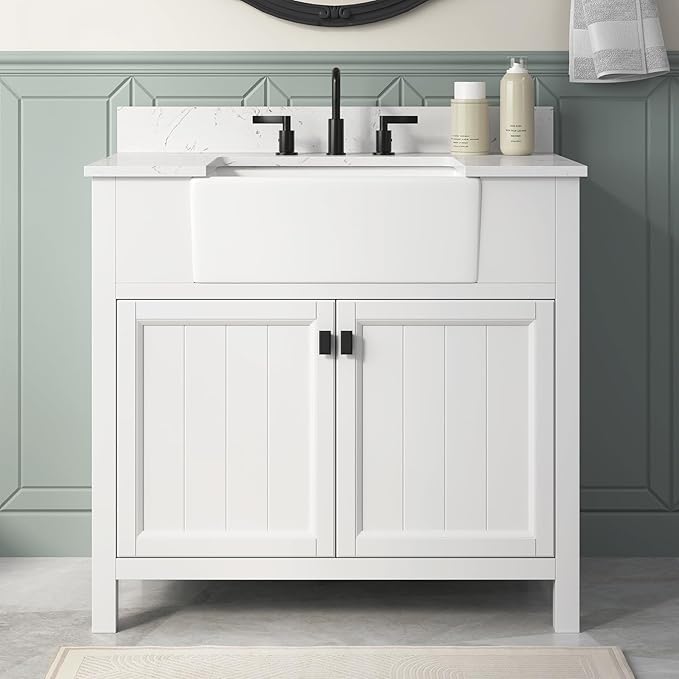 36 Inch White Bathroom Vanity with Sink, Farmhouse Bathroom Vanities Cabinet with Soft Closing Doors, Vanity for Bathroom with Apron Farm Sink, Solid Wooden Frame