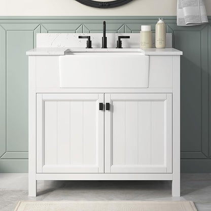 36 Inch White Bathroom Vanity with Sink, Farmhouse Bathroom Vanities Cabinet with Soft Closing Doors, Vanity for Bathroom with Apron Farm Sink, Solid Wooden Frame