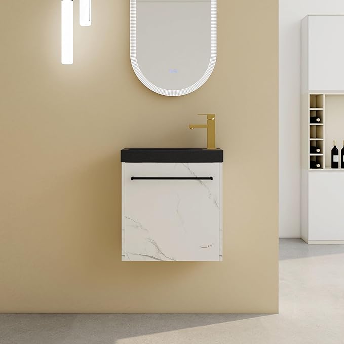20" Small Bathroom Vanity with Black Sink Floating Bathroom Vanity Cabinet with Storage Wall Mounted Narrow Vanities Bathroom Vanity with White Marble Grain Flat Door for Home Bath