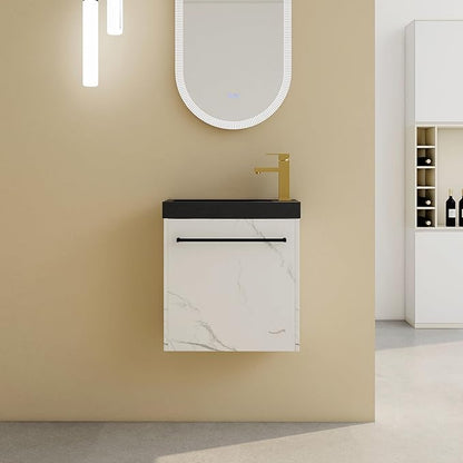 20" Small Bathroom Vanity with Black Sink Floating Bathroom Vanity Cabinet with Storage Wall Mounted Narrow Vanities Bathroom Vanity with White Marble Grain Flat Door for Home Bath