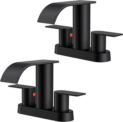 FORIOUS Matte Black Bathroom Faucets, Waterfall 4 Inch Centerset Bathroom Sink Faucet with Metal Pop up Drain and cUPC Hose for Basin, Vanity, RV, Pedestal 2 or 3 Hole Sink, 2 Pack