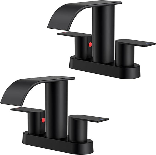 FORIOUS Matte Black Bathroom Faucets, Waterfall 4 Inch Centerset Bathroom Sink Faucet with Metal Pop up Drain and cUPC Hose for Basin, Vanity, RV, Pedestal 2 or 3 Hole Sink, 2 Pack