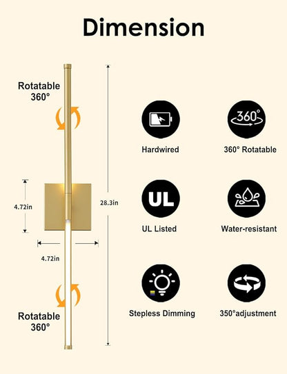 27.8 Inch Hardwired Wall Sconces Set of Two, 3000K Warm White Dimmable Modern Wall Sconces, 350° Rotate LED Light Fixtures Wall Lamp for Bathroom Living Room Bedroom Bedside, Gold