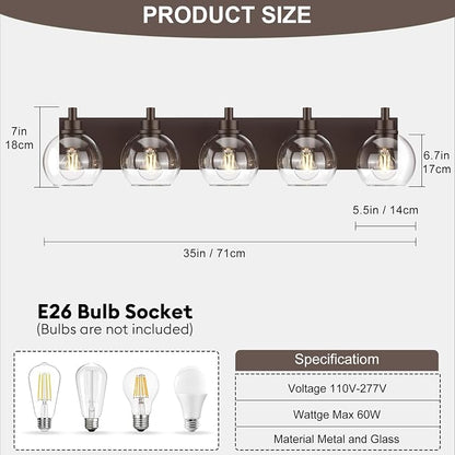 IZORRO Bathroom Light Fixtures, 5-Light Oil Rubbed Bronze Vanity Light, Modern Wall Sconces with Globe Clear Glass Shade, Vanity Lighting Fixtures Over Mirror,E26 Bulb Socket
