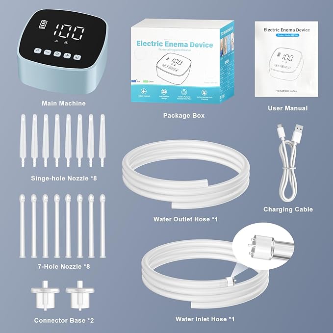 Electric Enema Kit, Enemas for Colon Cleanse for Women Men, 1-100 Levels Water Flow Speed Control with LCD Display, Water & Coffee Enema for Colon Detox Cleanse -16 Tips, External Water Supply (Blue)