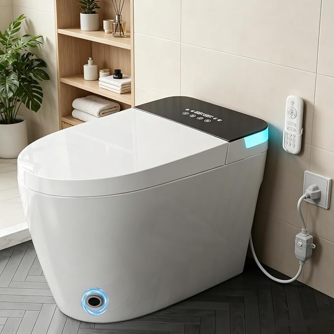 TDH Smart Bidet Toilet, LED Display Tankless Toilets with Heated Seat,Warm Water Sprayer,Dryer, Auto Flush One Piece Toilet for Bathrooms with Night Light Foot Sensor